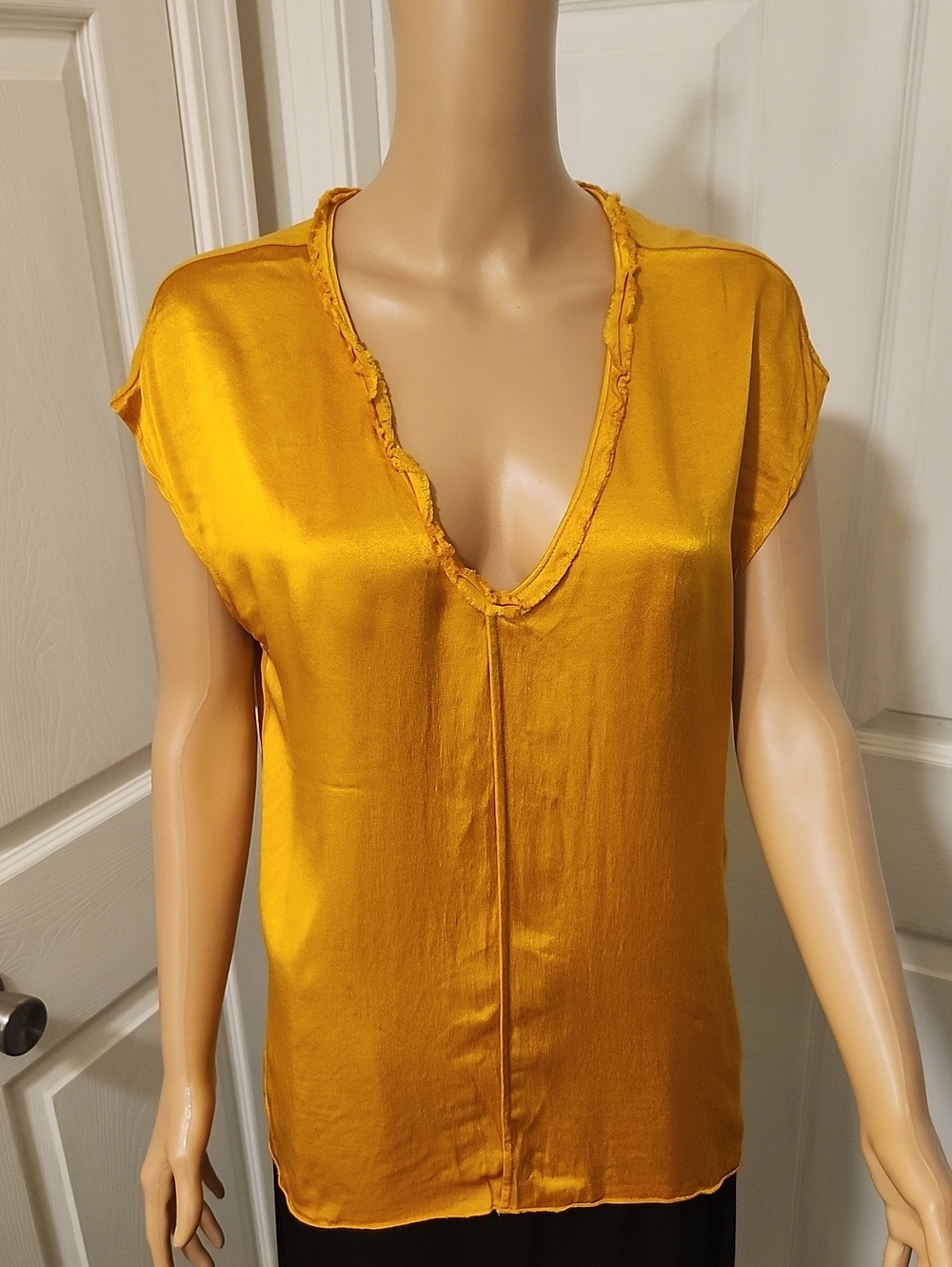 Allison Joy Satin V-Neck Blouse in Mustard Gold Bohemian Style